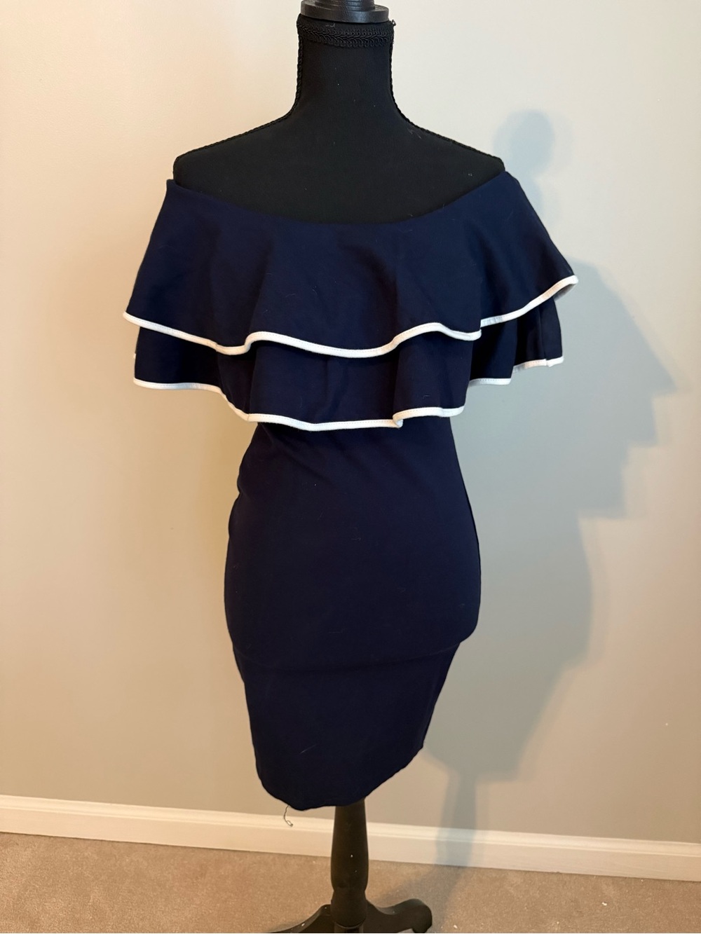 Navy Off-Shoulder Ruffle Mini Dress with Contrast Trim